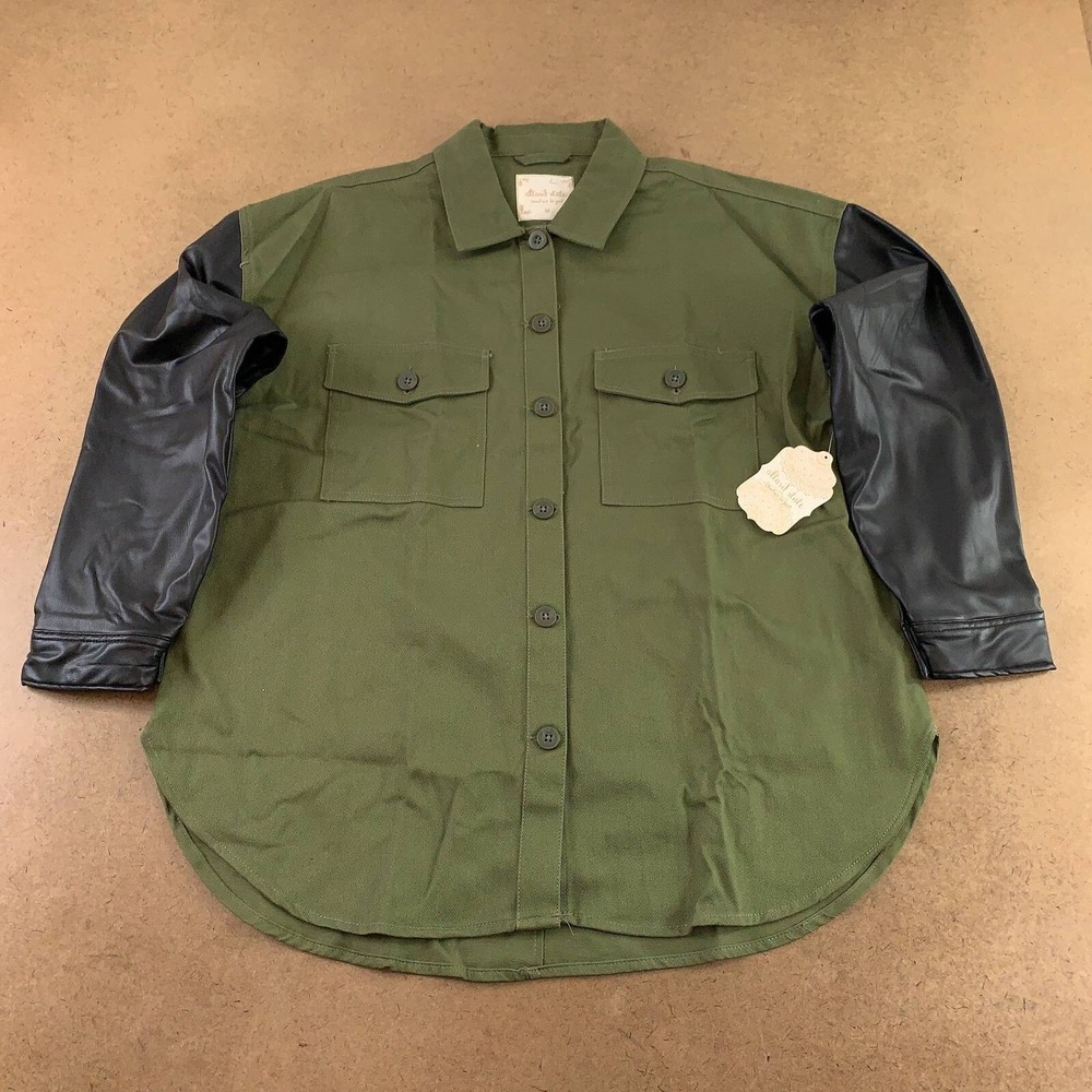 Altard State Womens Size Medium Green Black Faux Leather Long Sleeve Shacket NWT